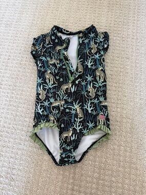 Ruffle Butts Girls Leopard & Palm One-Piece Swimsuit in Black and Mint sz 7